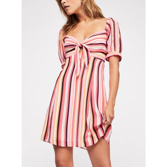 Free People Bijoux Dress Fit and Flare Front Tie Mini Striped Colorful Size XS - Picture 1 of 10